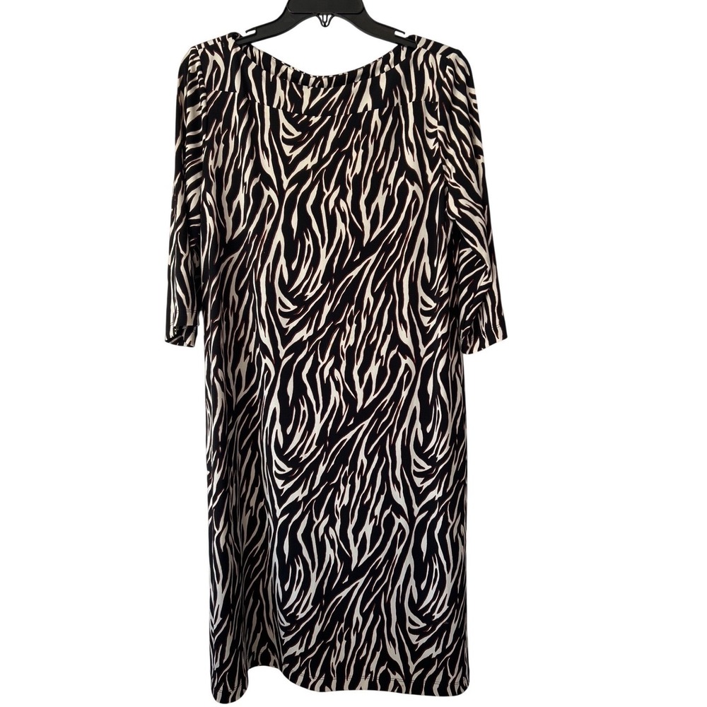 Chicos Zebra Print Boat Neck 3/4 Sleeve Shift Dress Black White Brown Sz 2 (us12